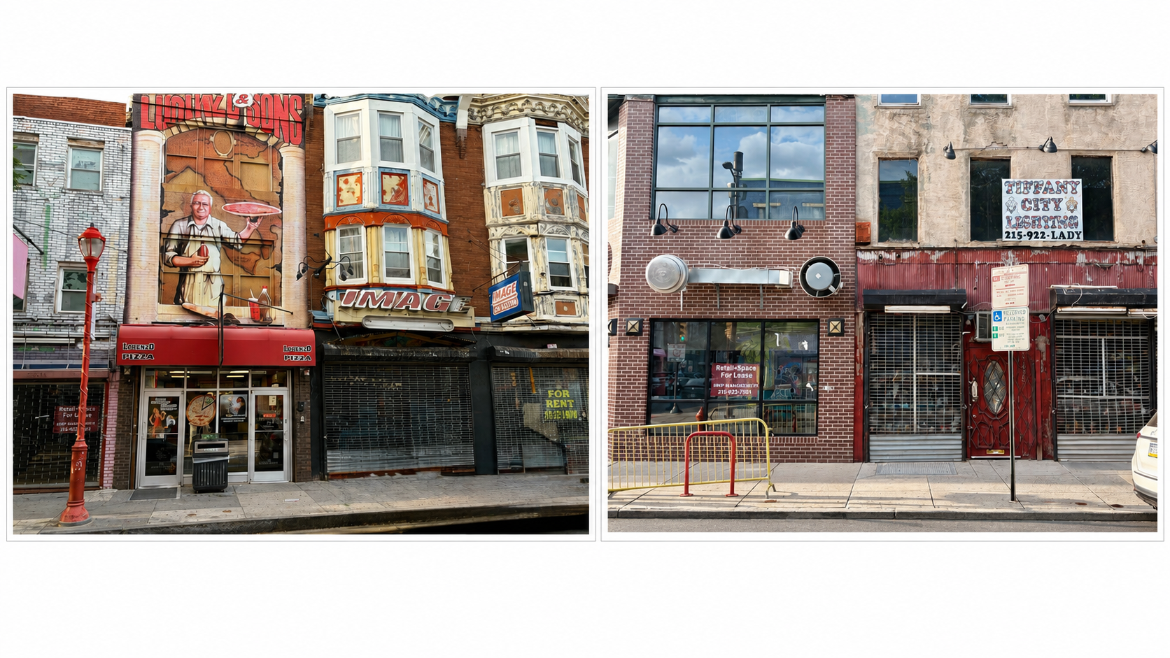 Photograph of long-term vacant storefronts on the 300 block of South Street in 2026.