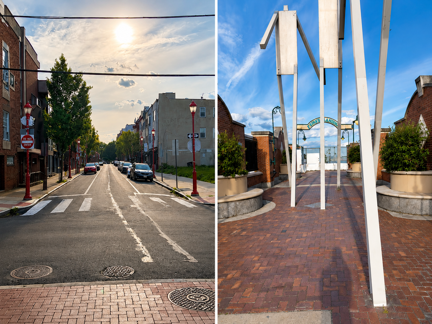 Two photographs of the South Street pedestrian bridge over I-95: looking east from the bridge cap and looking west across the bridge toward the Penn's Landing arch.